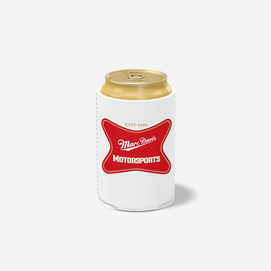 Marc Davis Motorsports white koozie on a standard can.