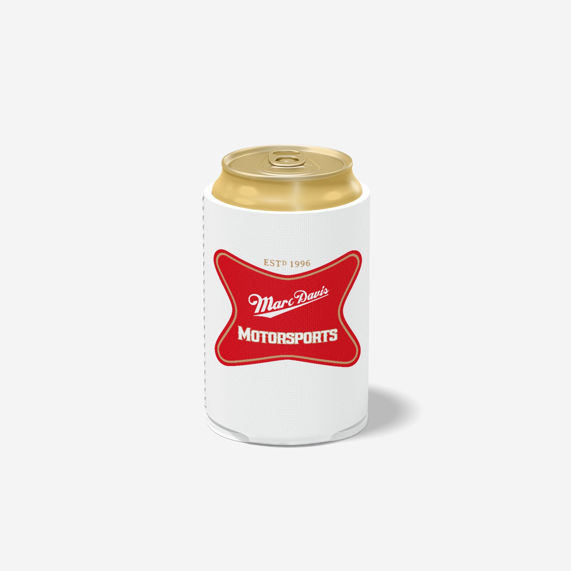 Marc Davis Motorsports white koozie on a standard can.