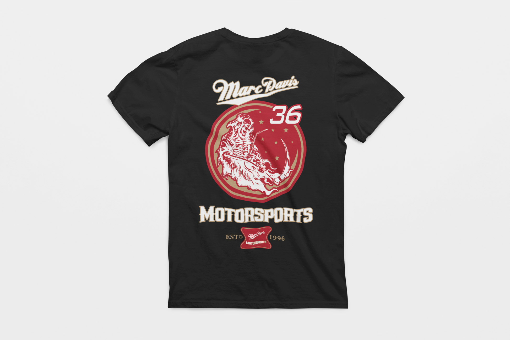 Back view of the "Ride with the Reaper" Marc Davis Motorsports T-shirt featuring a red reaper graphic, and the #36.