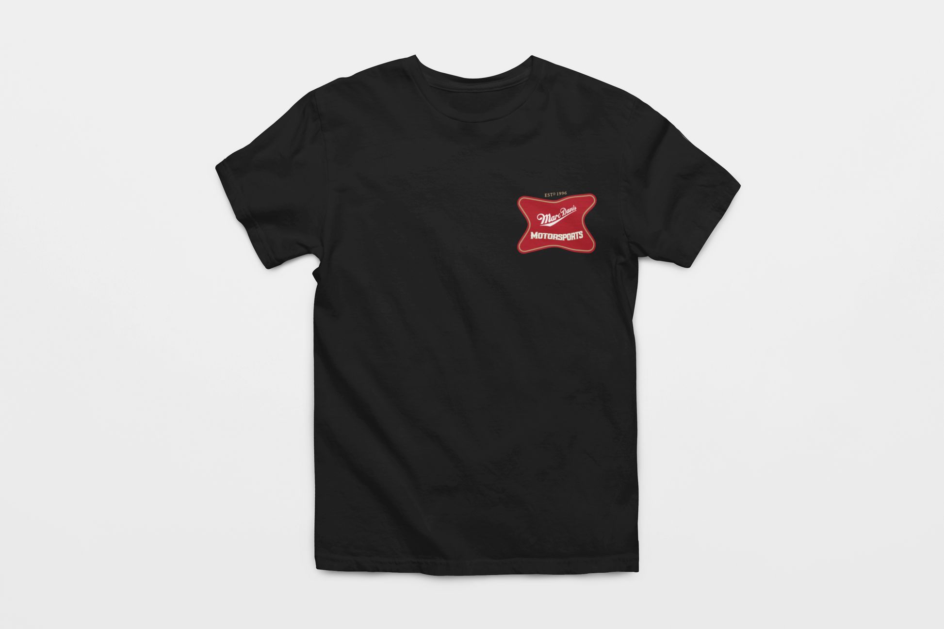 Front view of the "Ride with the Reaper" Marc Davis Motorsports T-Shirt featuring the red and white MDM logo on the left chest.